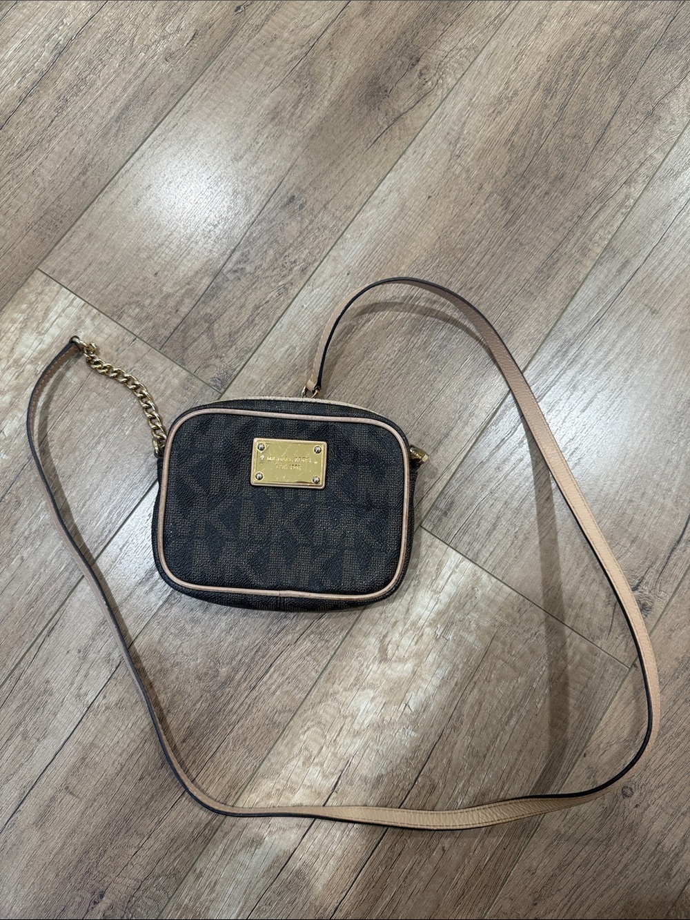 Michael Kors Brown Logo Crossbody with Light Tan Trim